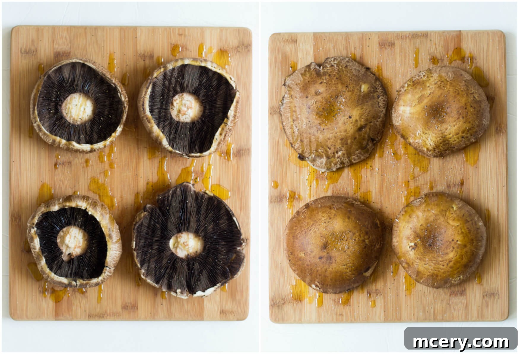 Roasted Portobello Caps with Melted Caprese 6 mushrooms caps on a cutting board