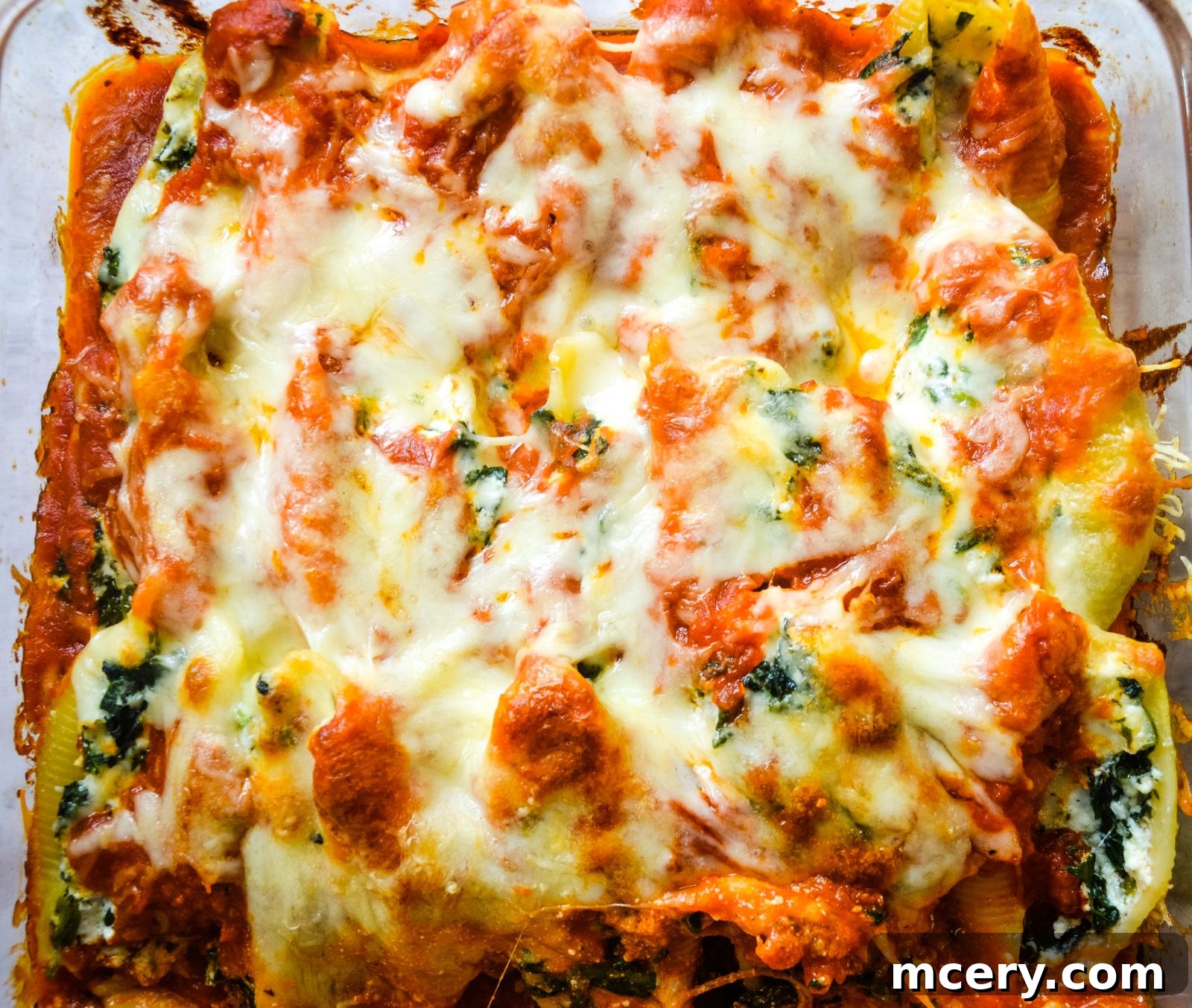 Spinach and Ricotta Stuffed Shells Bake 6 A close-up of a large baking dish filled with numerous baked spinach and cheese jumbo stuffed shells, fresh out of the oven, covered in melted cheese and rich marinara sauce. The edges are bubbling with warmth.