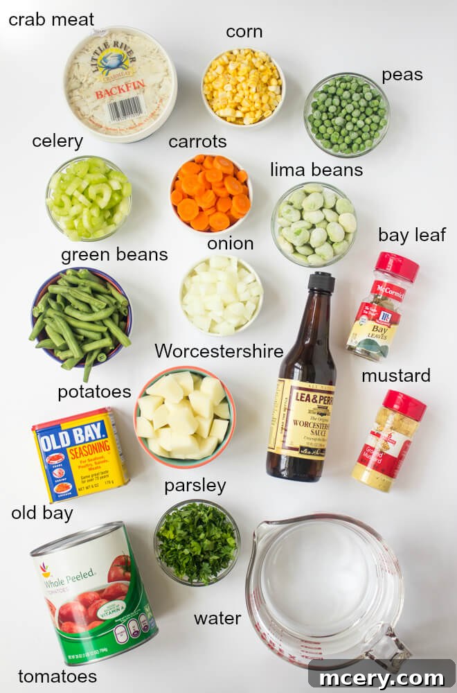 Chesapeake Bay Crab Soup 4 Ingredients for Maryland crab soup recipe laid out on a table.