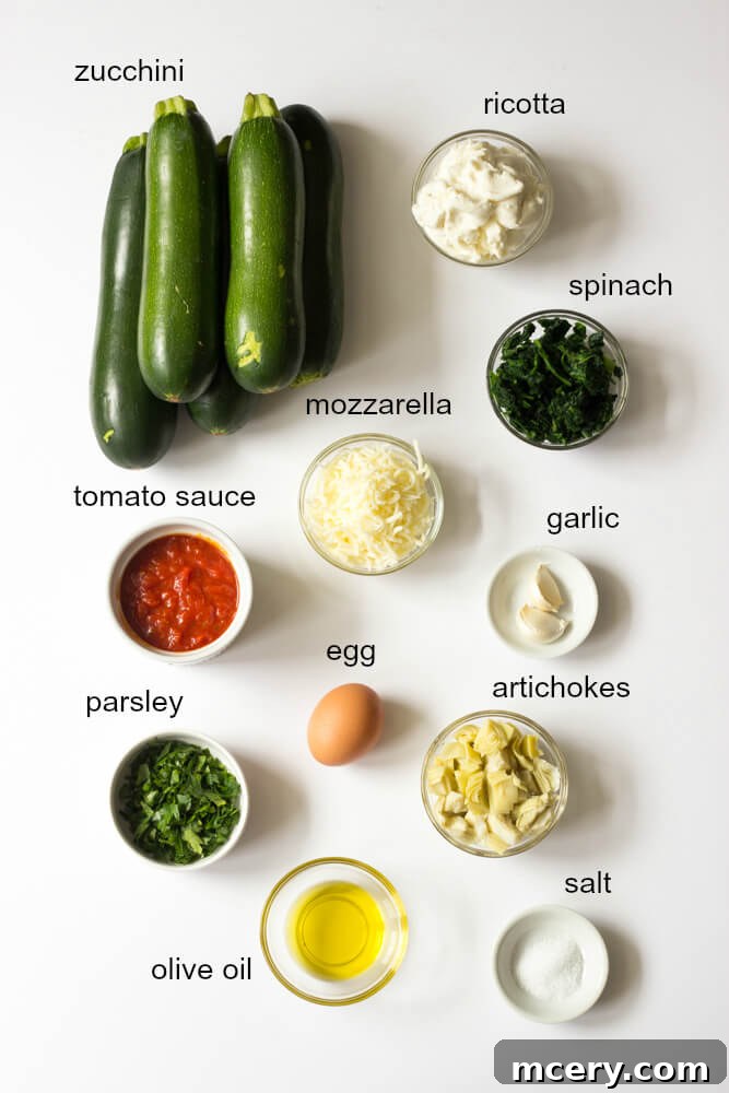 A vibrant spread of fresh ingredients for zucchini roll-ups, including zucchini, ricotta, spinach, and marinara.