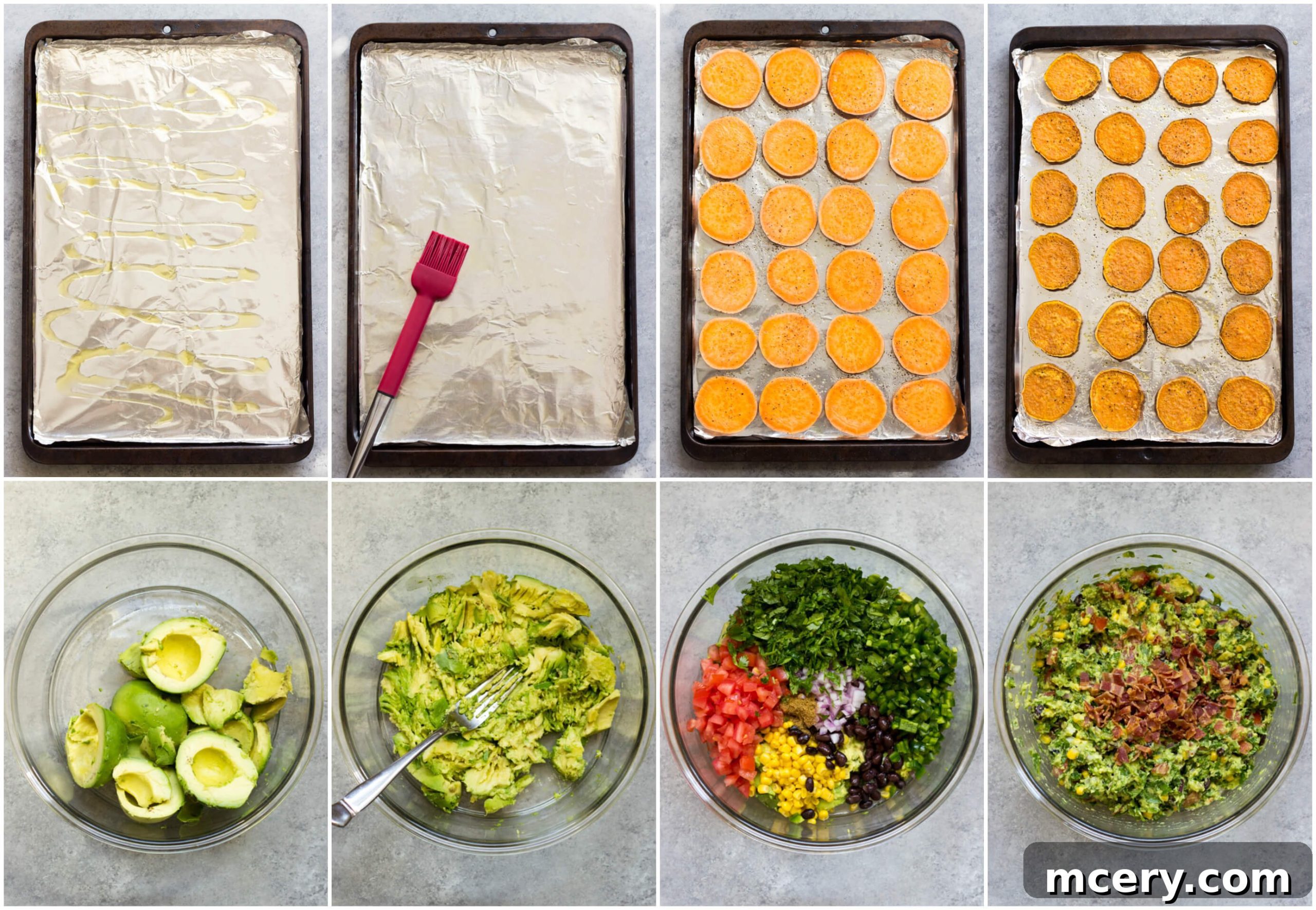 Golden Sweet Potato Guac Bites 5 Step-by-step image showing how to slice and bake sweet potato rounds on a baking sheet.