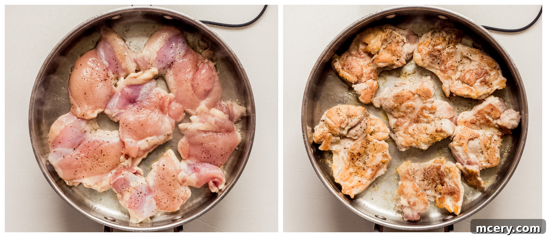 Sizzling Chicken Fajita Bowl 5 Two side-by-side images showing the cooking process of chicken thighs: raw chicken searing in a pan, and golden-brown seared chicken thighs in the same pan.