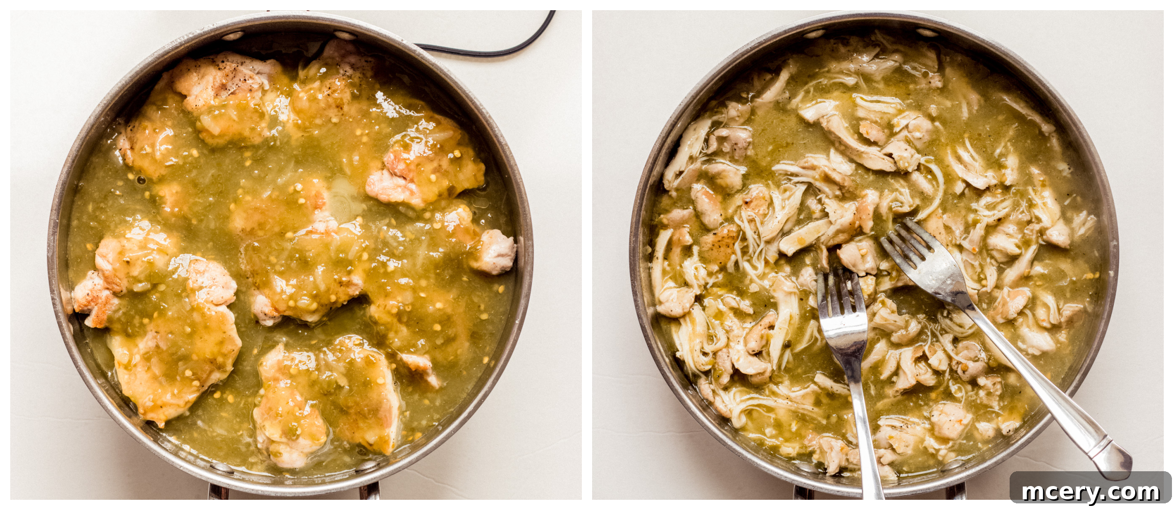 Sizzling Chicken Fajita Bowl 6 Two side-by-side images: chicken thighs simmering in a skillet with salsa verde, followed by shredded chicken thoroughly mixed into the vibrant green sauce.