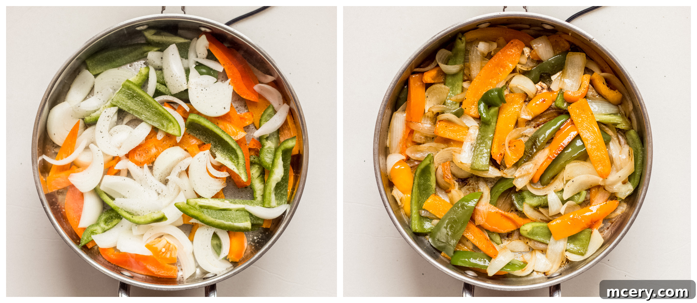 Sizzling Chicken Fajita Bowl 7 Two side-by-side images: raw sliced bell peppers and onions in a skillet, and then perfectly cooked and slightly charred peppers and onions.