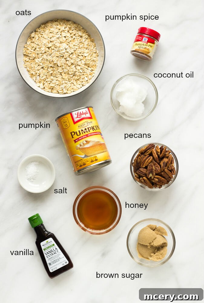 A selection of fresh ingredients laid out on a table, including oats, pecans, pumpkin puree, honey, and spices, ready for making pumpkin granola.