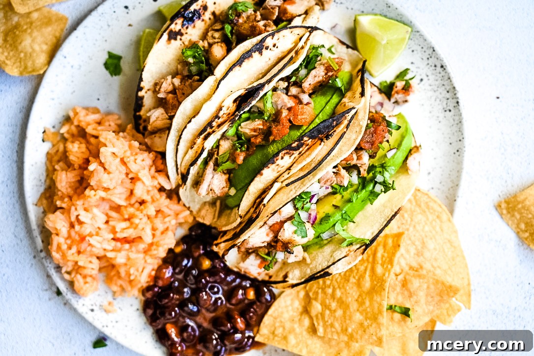 Close-up of a perfectly assembled grilled chicken street taco, garnished with fresh cilantro and diced onions.