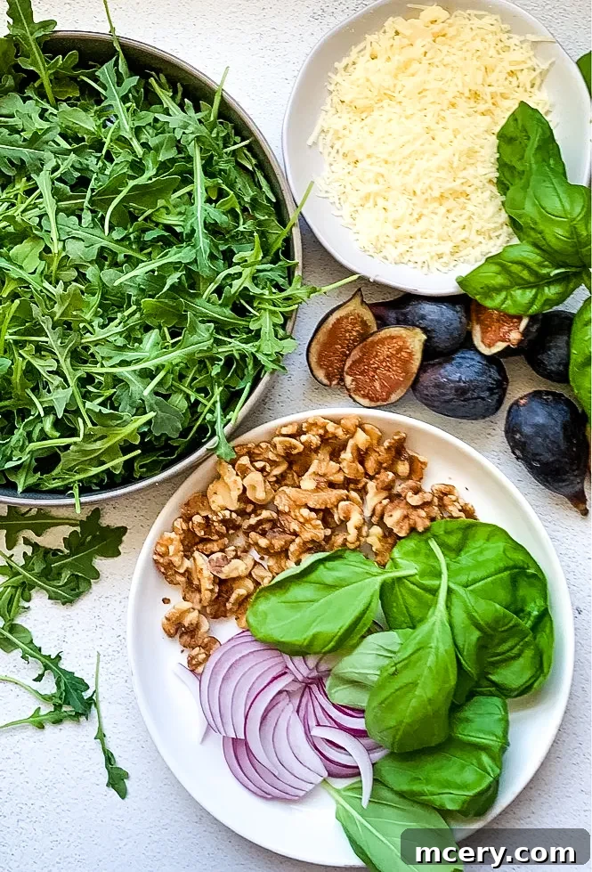 Vibrant Fig and Arugula Medley 4 Ingredients for golden balsamic dressing, including olive oil, golden balsamic vinegar, maple syrup, and garlic.