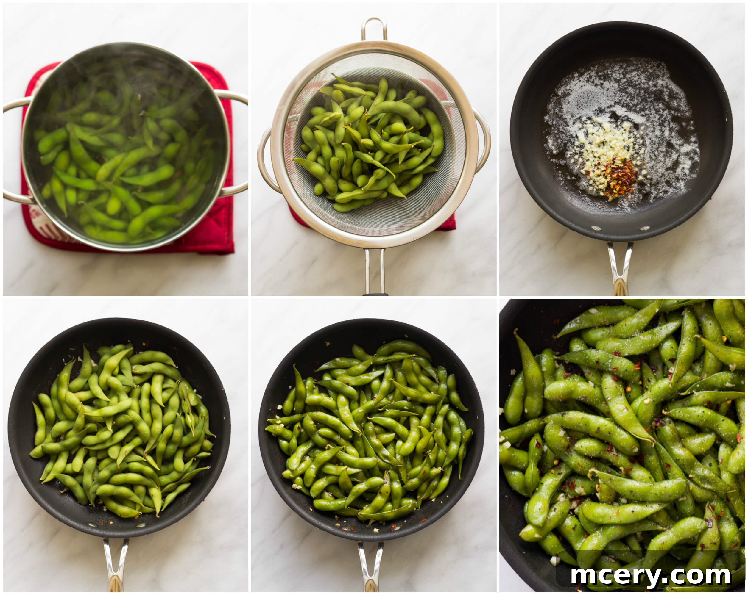 Fiery Garlic Edamame 4 Edamame boiling in a pot of water, ready for the next step.