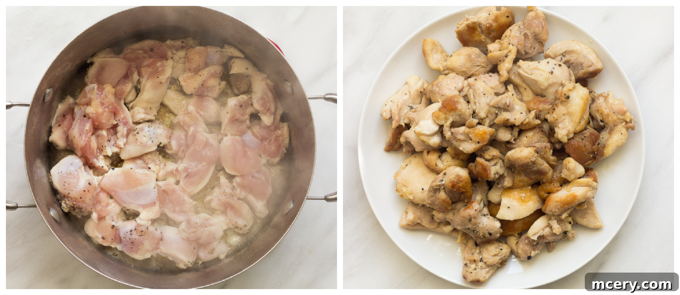 Grandma's Comforting Chicken Stew 3 two photos, one showing raw chicken pieces in a dutch oven, and cooked chicken pieces on a plate in second.