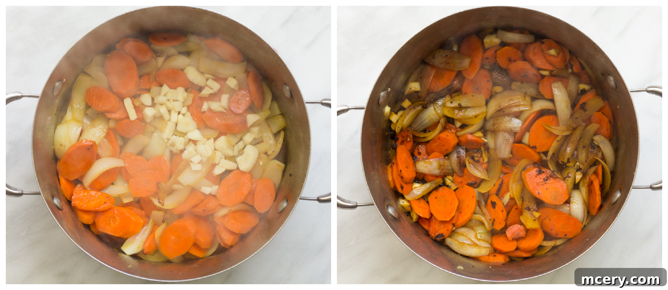 Grandma's Comforting Chicken Stew 4 two dutch oven photos showing raw onions, carrots, and garlic in one, and cooked onion, carrots, and garlic in second.