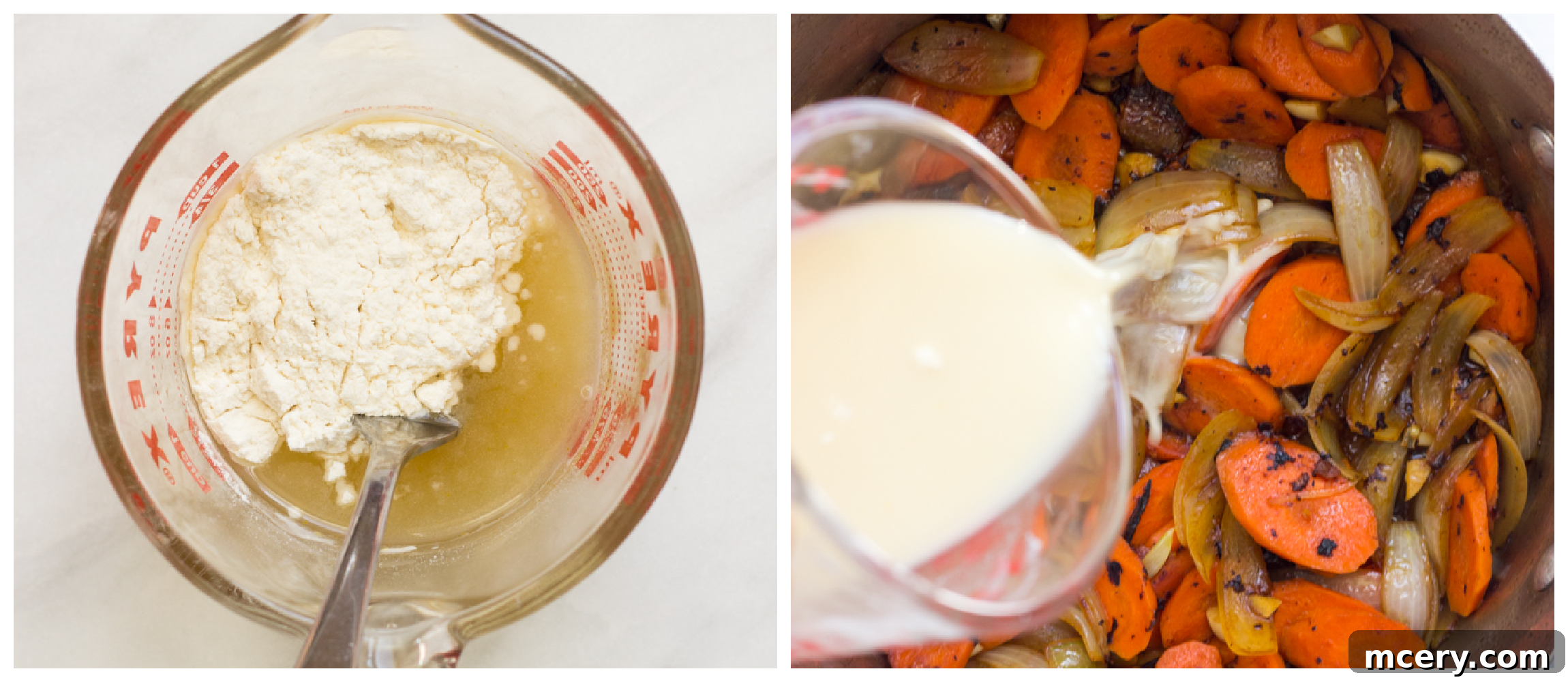 Grandma's Comforting Chicken Stew 5 two photos, showing glass measuring cup with broth and flour in one, and cooked veggies with broth flour mixture in second.