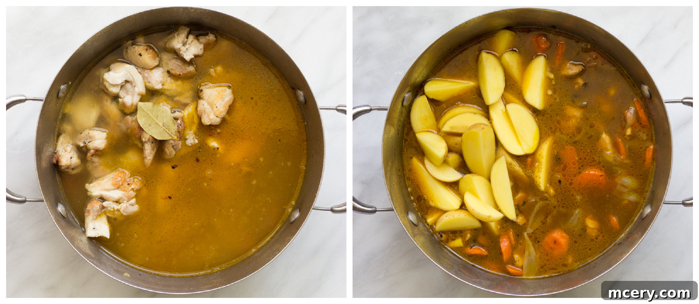 Grandma's Comforting Chicken Stew 6 two dutch oven photos showing chicken and bay leaf in one, and potatoes with chicken in second.