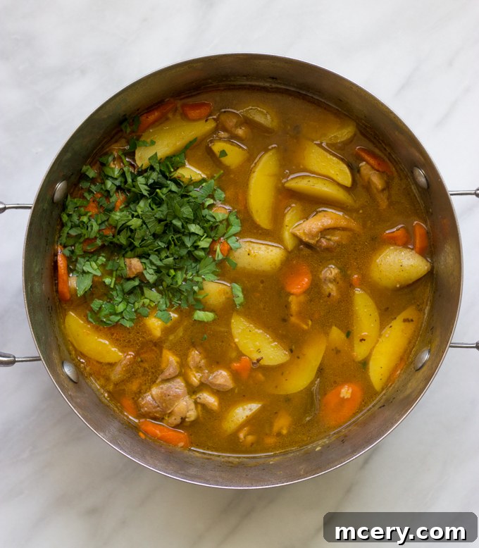 Grandma's Comforting Chicken Stew 7 dutch oven with cooked chicken stew garnished with fresh parsley.