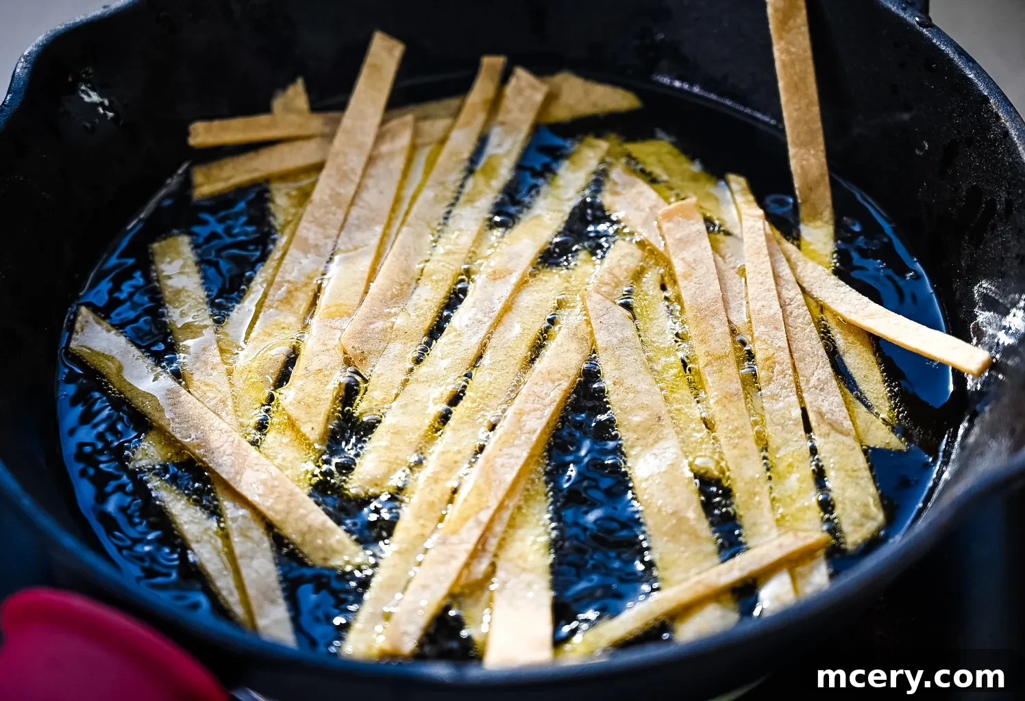 Speedy Southwestern Chicken Tortilla Soup 7 A hand seasoning freshly fried tortilla strips with flaky sea salt.