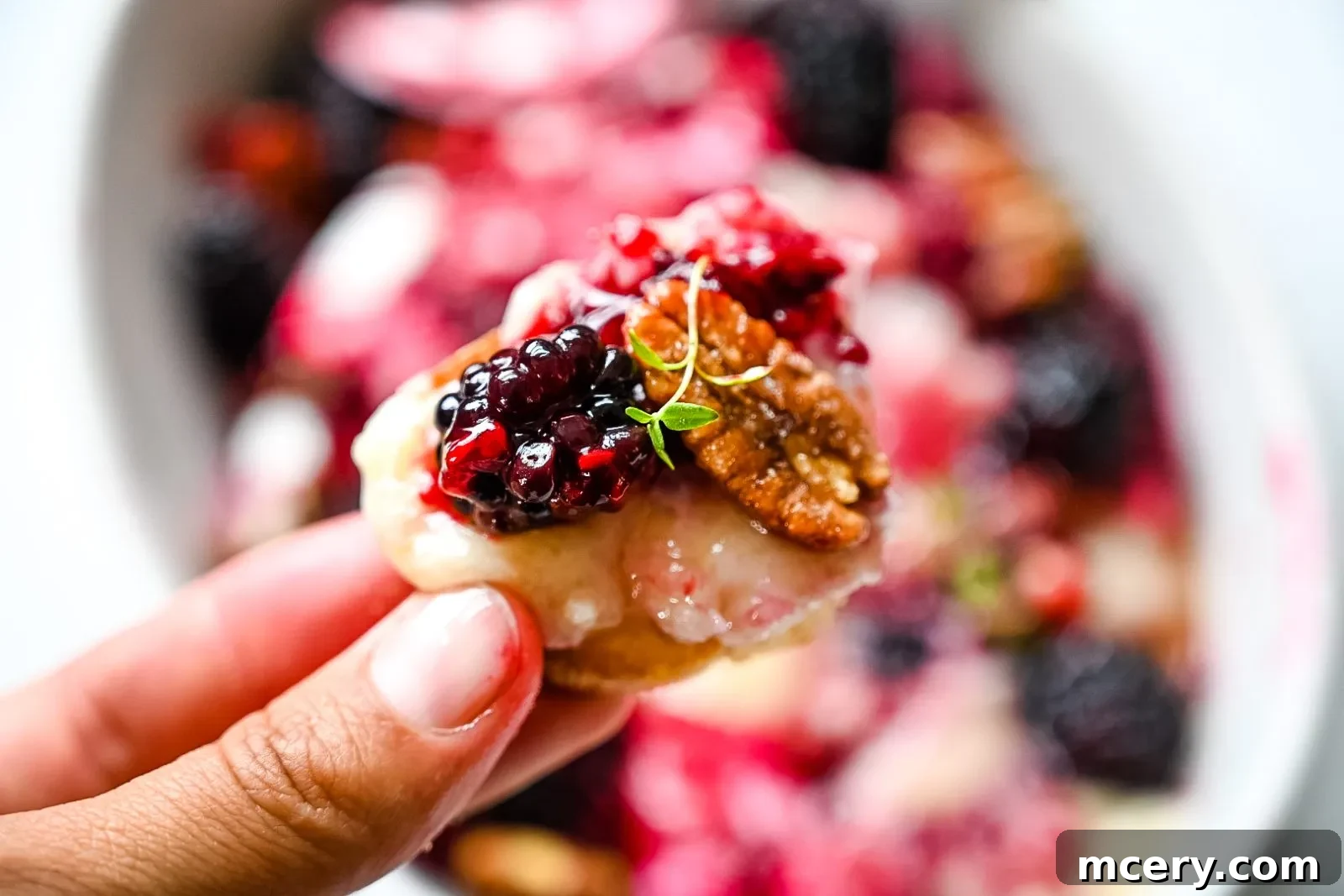 An overhead shot of the full appetizer spread, featuring the baked brie, various crackers, and fresh fruit for dipping, all beautifully arranged for entertaining.