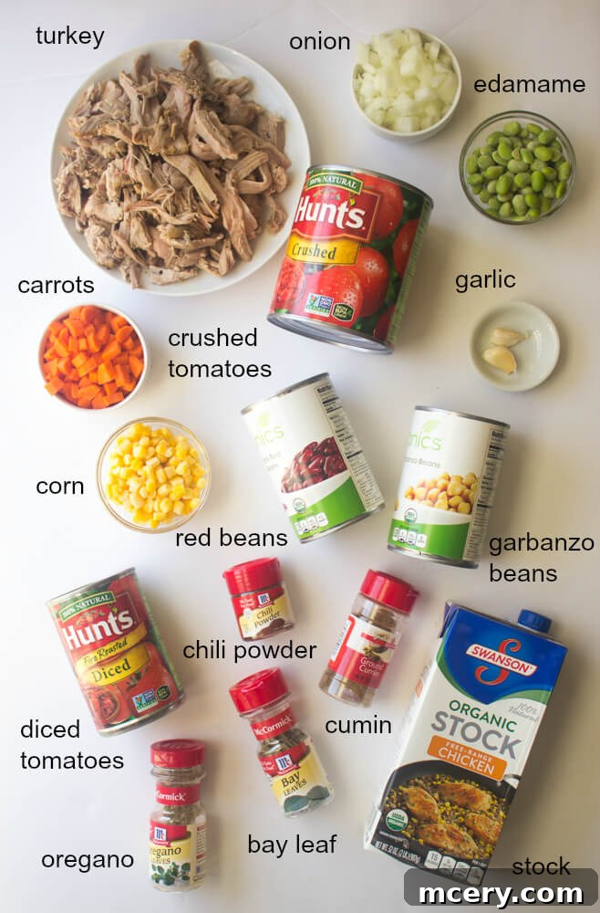 Turkey Chili Remix 4 a flat lay photo displaying all the fresh and canned ingredients needed for making leftover turkey chili, neatly arranged on a counter.