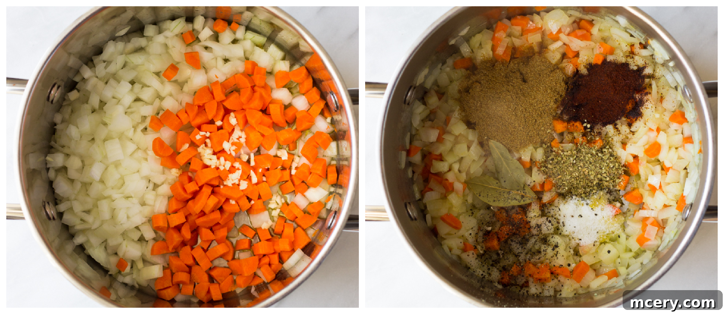 Turkey Chili Remix 5 two side-by-side images: one shows diced vegetables in a soup pot, the other shows the vegetables mixed with chili spices, actively sautéing.