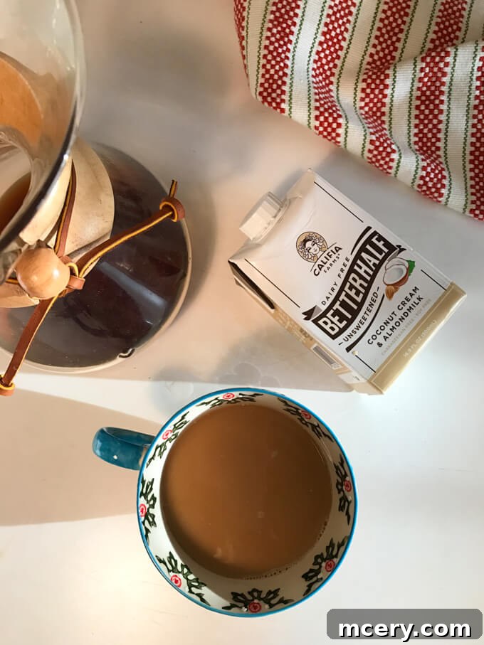 Morning coffee with Califia Farms creamer, a simple and creamy dairy-free option for breakfast.