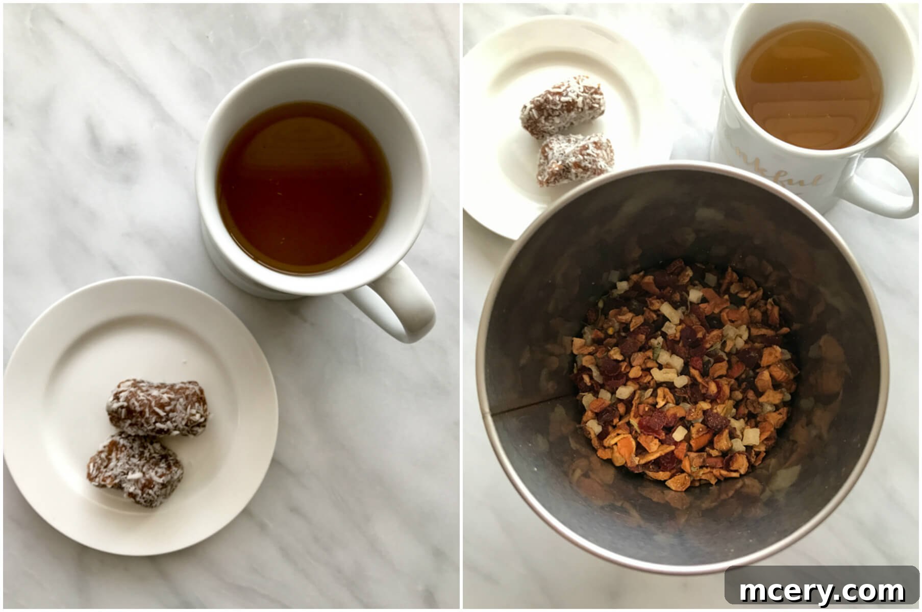 Rolled coconut dates and a warm cup of tea, perfect for a healthy and satisfying afternoon snack.
