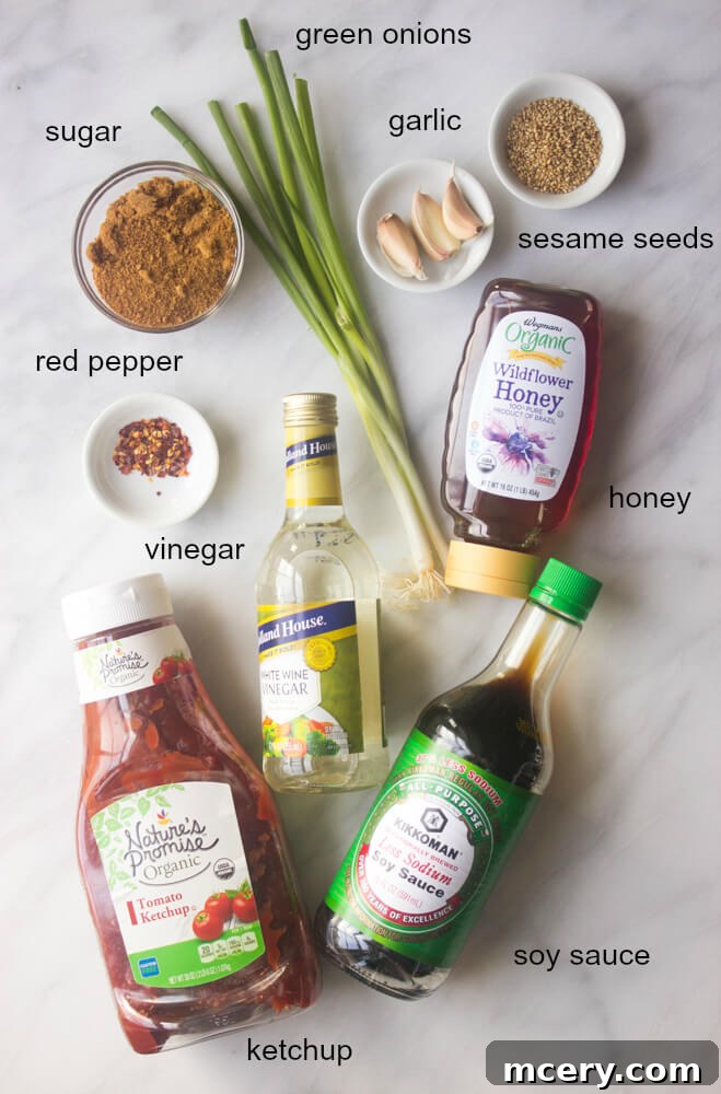 Sticky Asian Chicken Meatballs 4 ingredients for chicken meatball sauce.