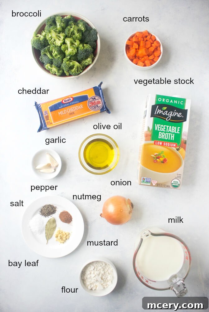 Golden Broccoli Cheddar Bliss 3 A selection of fresh, wholesome ingredients laid out for making broccoli cheddar soup.