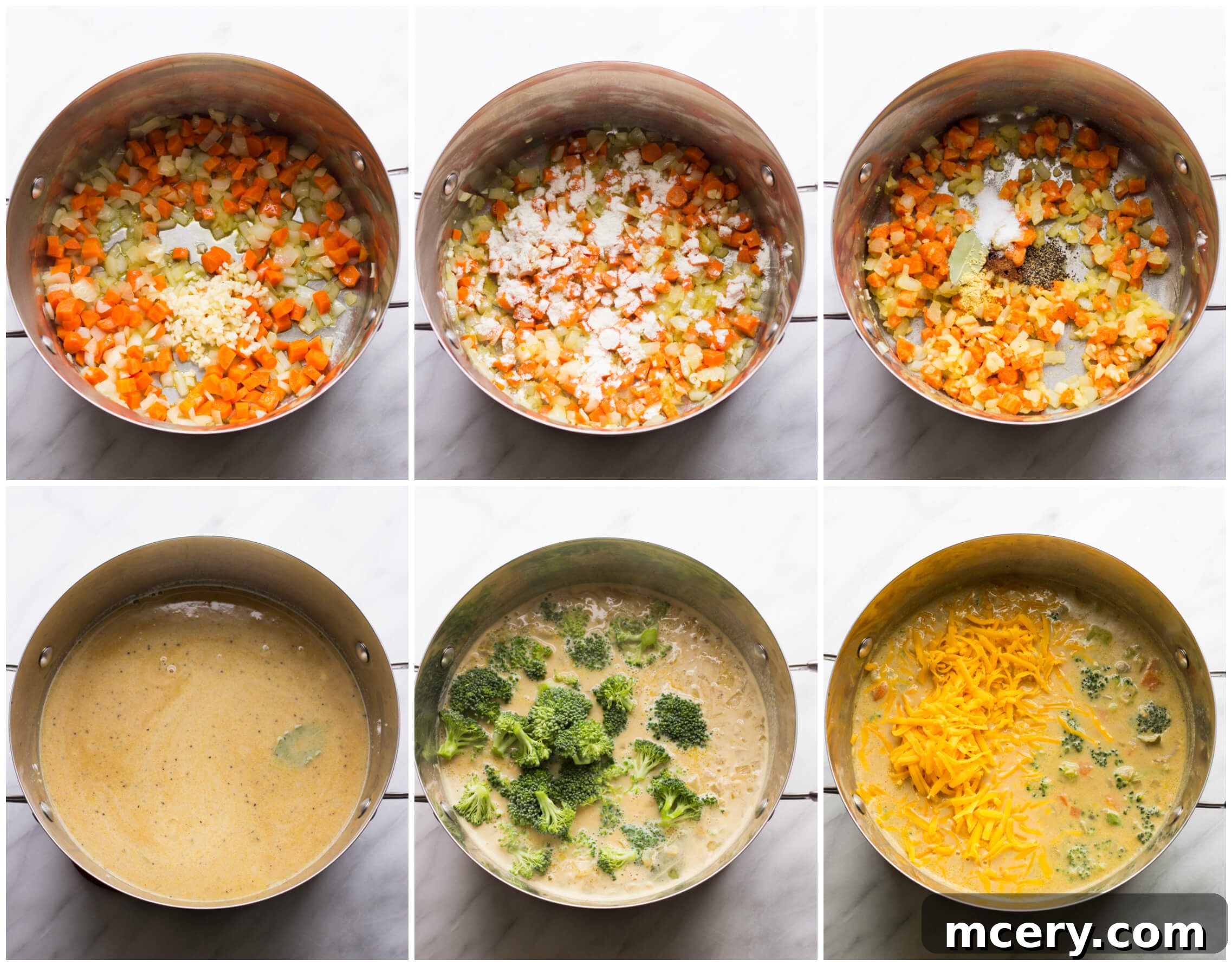 Golden Broccoli Cheddar Bliss 4 A visual step-by-step guide showing the process of making healthy broccoli cheddar soup from scratch.