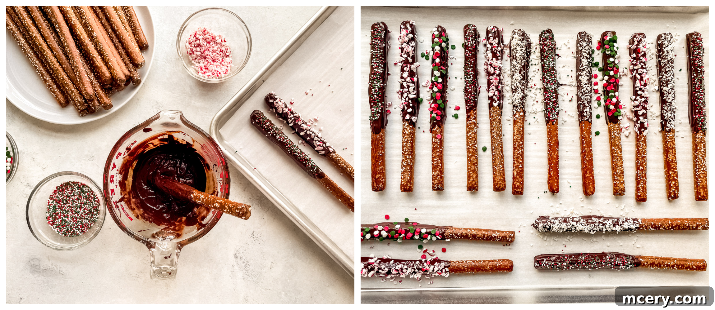 Steps for dipping and decorating Christmas pretzels