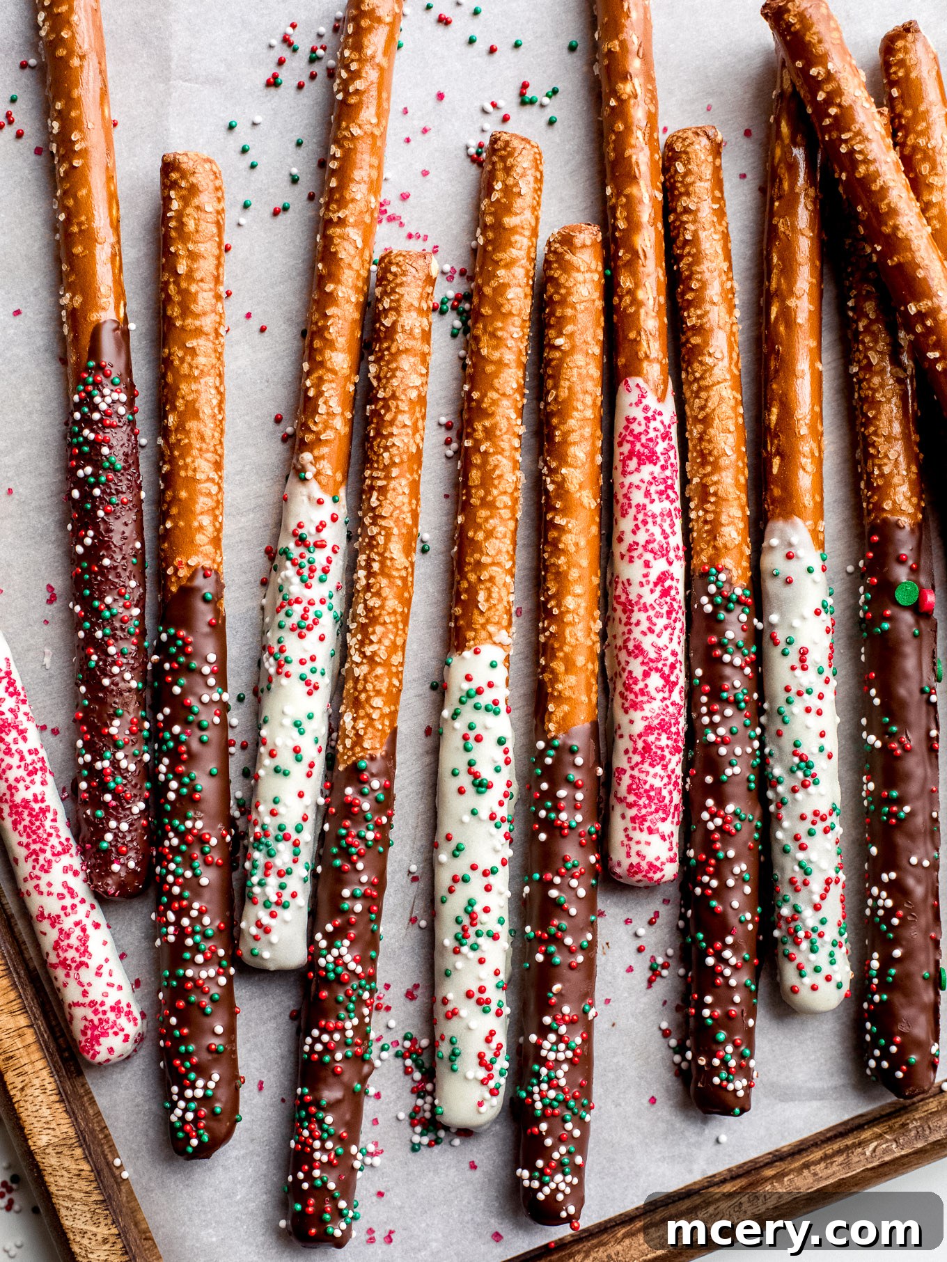 Beautifully decorated Christmas chocolate covered pretzels