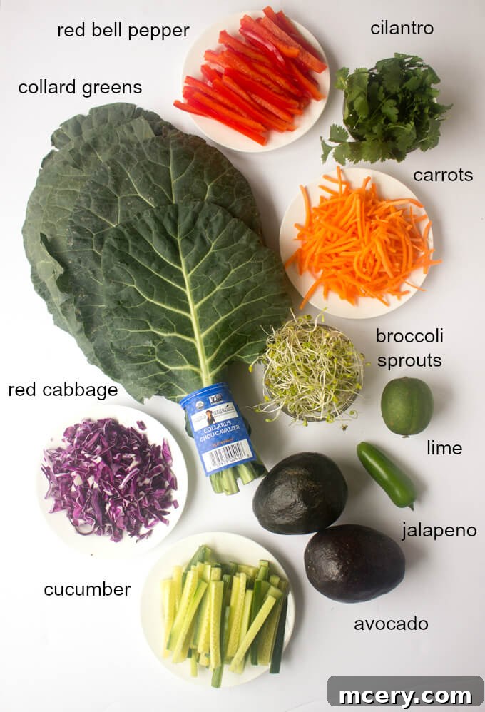 Fresh Garden Rolls 4 A selection of healthy veggie rolls neatly arranged, showcasing their crisp collard green exterior and abundant fresh fillings.