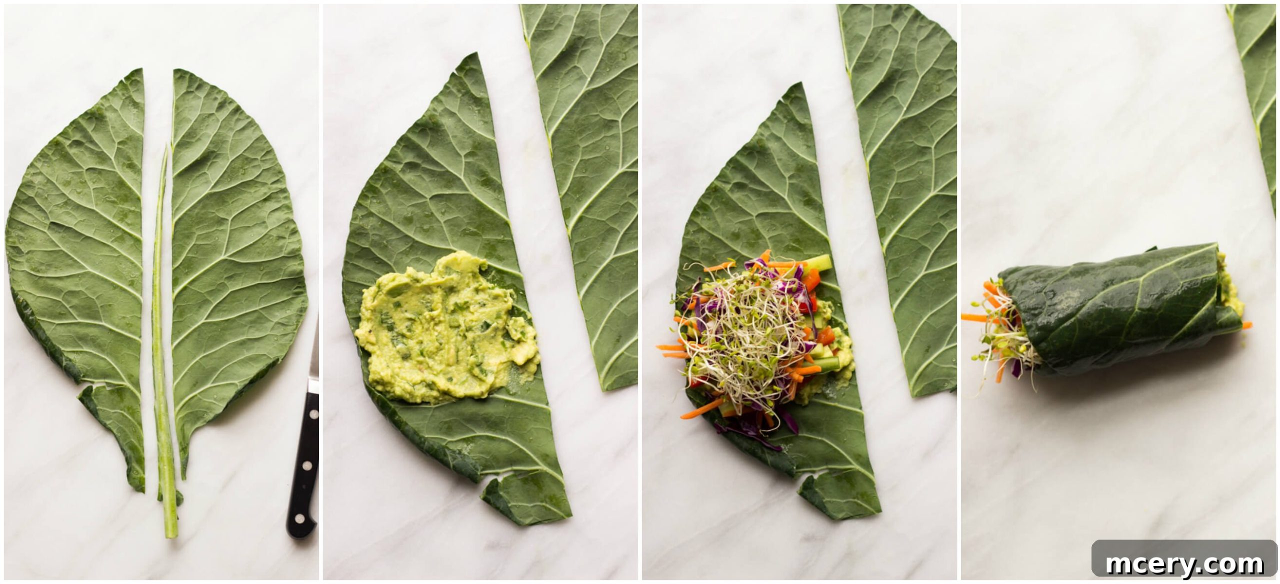 Fresh Garden Rolls 6 Visual instruction for preparing collard greens: showcasing how the central stem is removed, leaving two flexible halves ideal for rolling.
