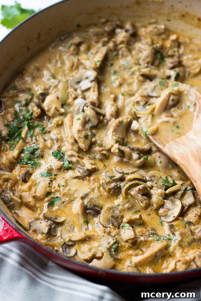 Close up side view of chicken stroganoff recipe in a saute pan.