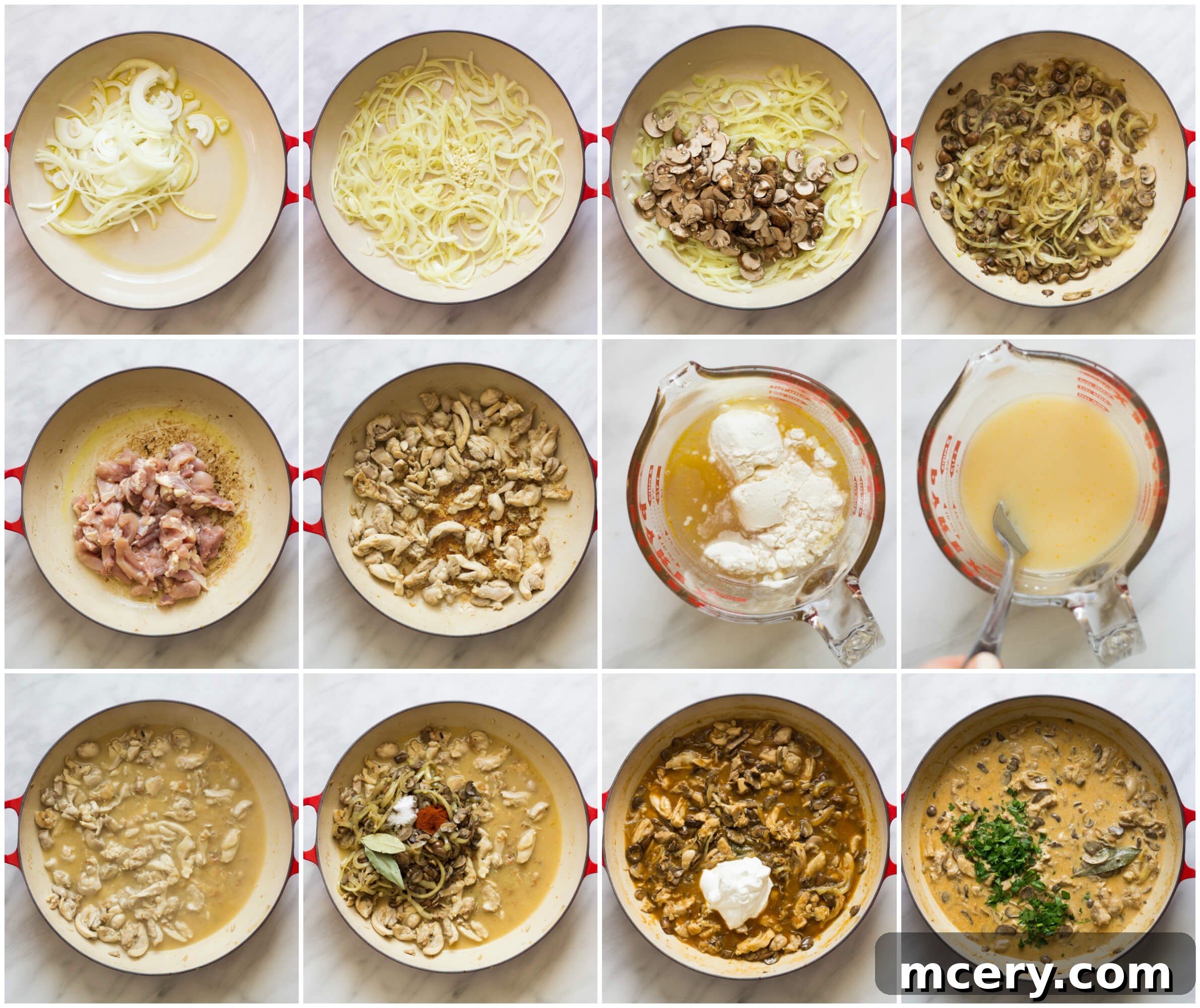 Step by step instructions on how to make chicken mushroom stroganoff with a final plating.