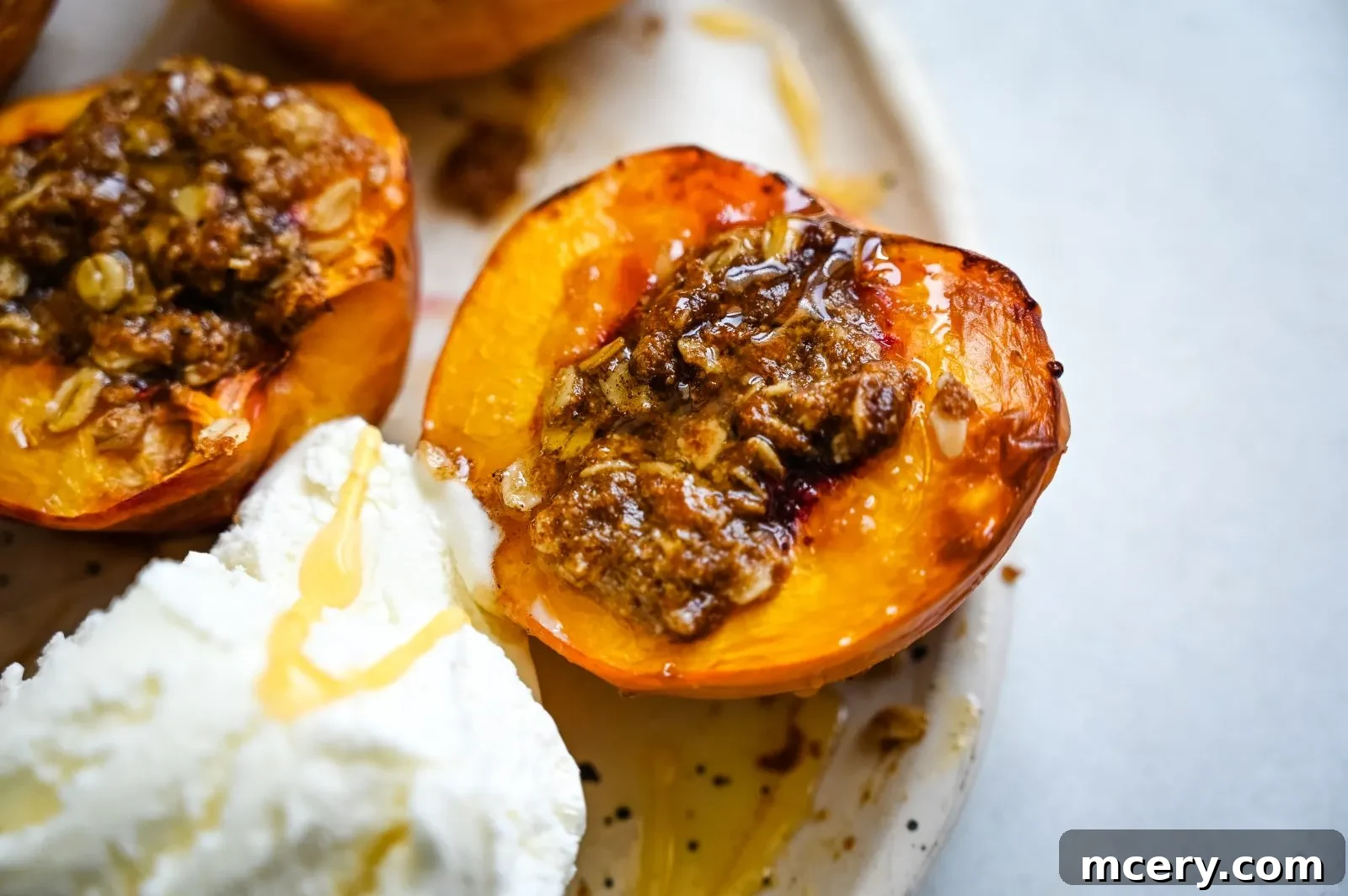 Sun-Kissed Peach Crumble 6 Sliced peaches arranged neatly, possibly for a salad or dessert, emphasizing their fresh and appetizing appearance.