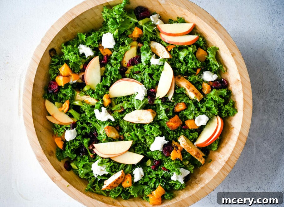 Autumn Abundance Salad 3 Close-up of Fall Harvest Salad ingredients: kale, roasted squash, apple, and pecans