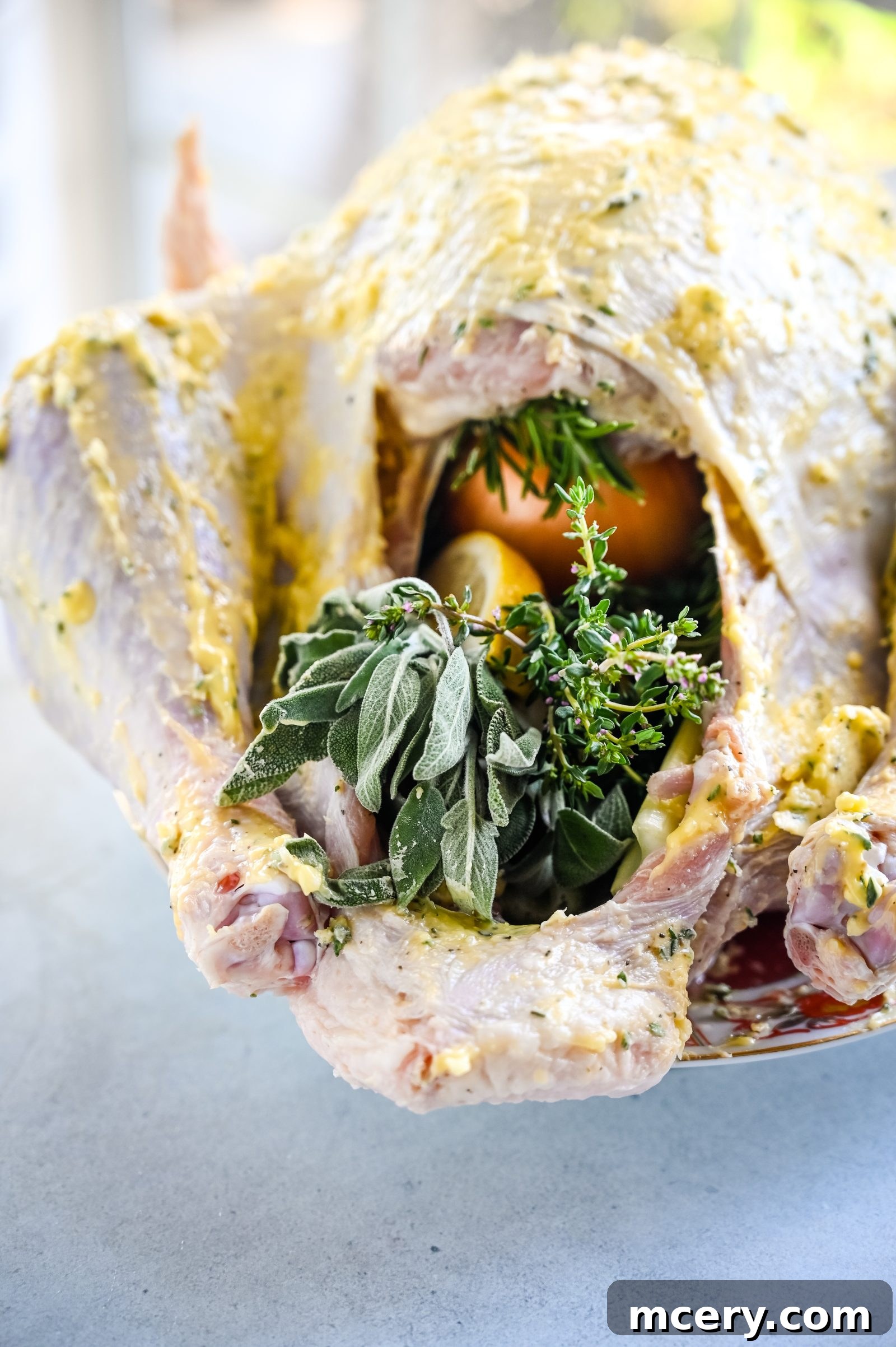 Skip the Brine! Your Easiest, Juiciest Thanksgiving Turkey Ever 4 A raw, uncooked turkey with its cavity filled with fresh herbs, garlic, and orange slices. The turkey is seasoned with an herb butter and is ready for roasting, placed on a light-colored surface.