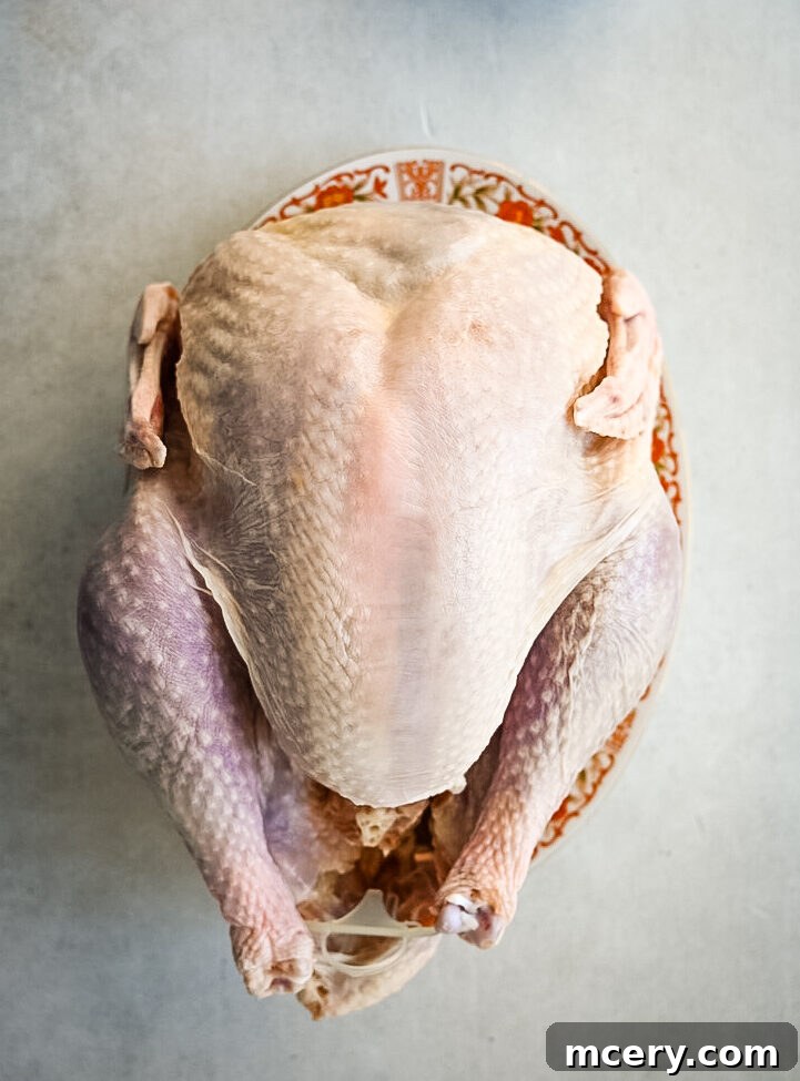 Skip the Brine! Your Easiest, Juiciest Thanksgiving Turkey Ever 7 A raw, uncooked turkey placed on an oval decorative platter with orange and red patterns. The turkey is positioned with its breast side up and legs tucked. The background is a plain light surface.