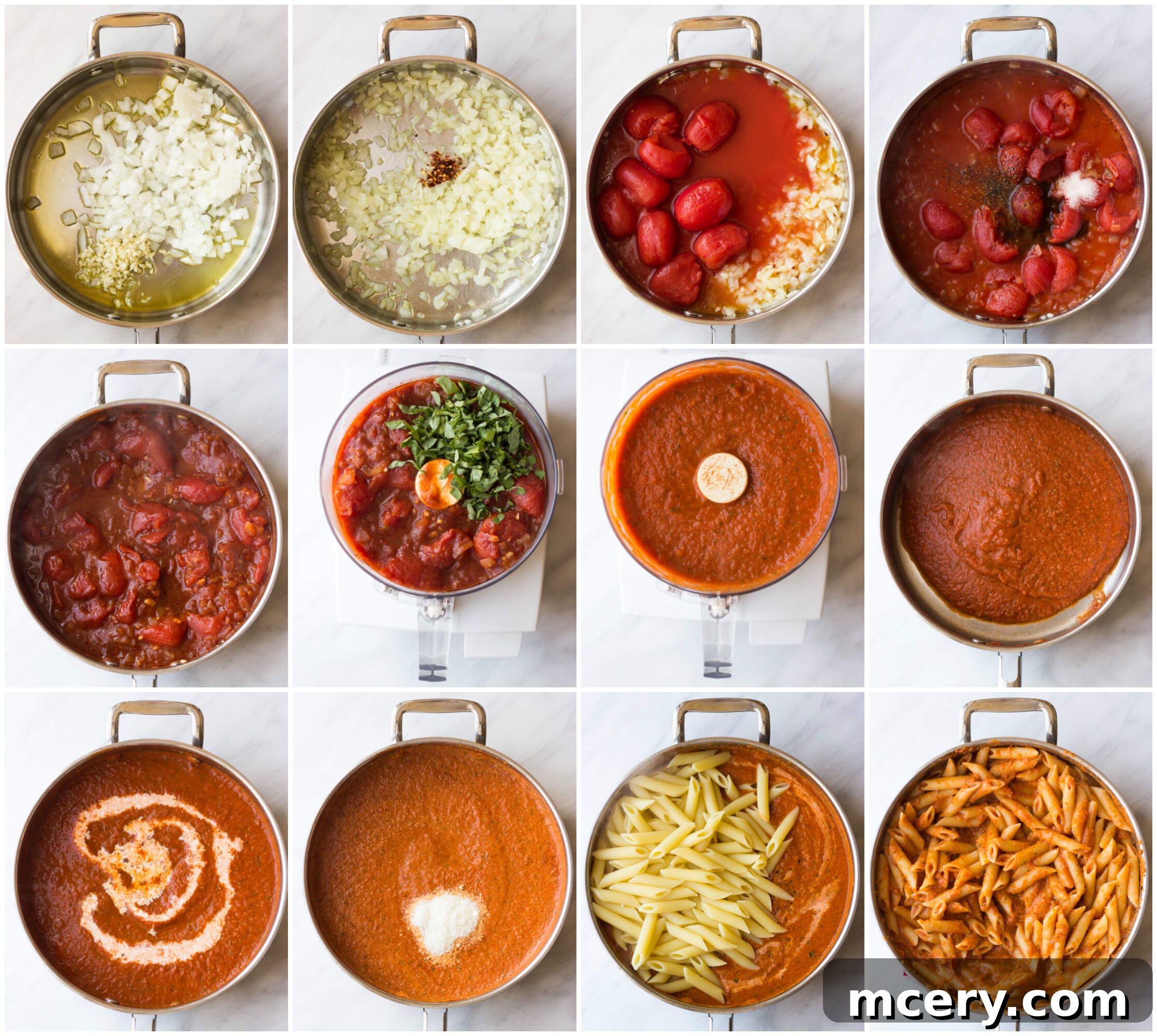 Creamy Vodka Pasta Perfection 5 Step-by-step photographic guide showing the process of making homemade creamy pink vodka sauce, from sautéing fragrant aromatics to blending the rich tomato-cream base for a silky smooth finish.