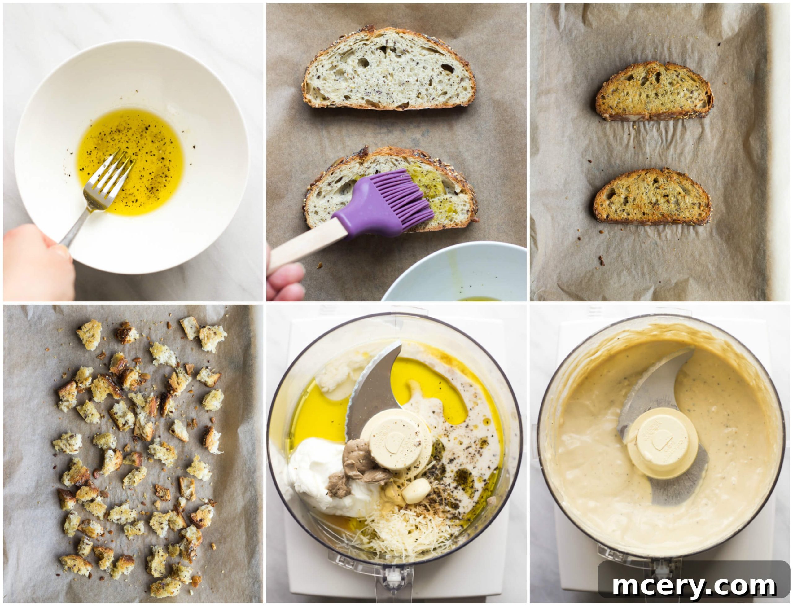 Step-by-step imagery showing the preparation of Kale Caesar Salad: making croutons, blending dressing, and massaging kale.