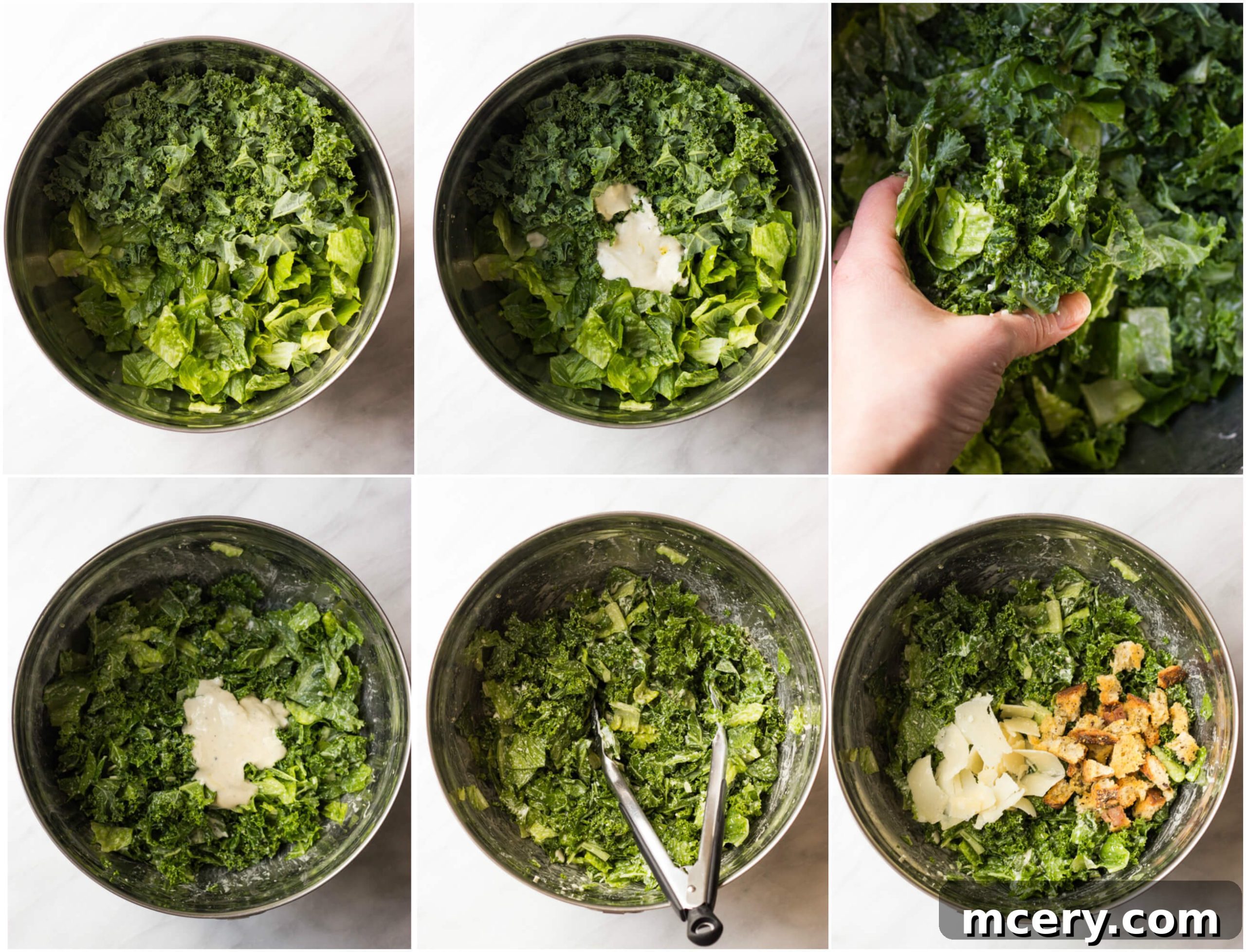 A large bowl of Kale Caesar Salad, tossed with dressing, croutons, and Parmesan cheese, ready to be served.