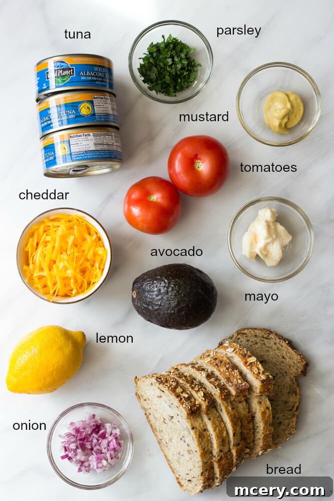 Creamy Avocado Tuna Melt 3 Ingredients for a healthy avocado tuna melt with fresh avocado, tuna, and cheese.
