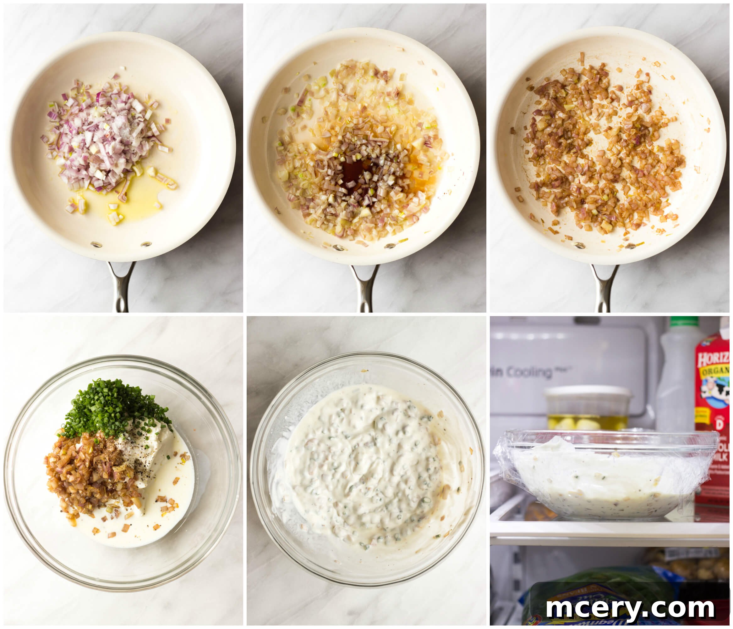 Tangy Greek Yogurt Onion Dip 5 Four images showing a step-by-step instruction on how to make yogurt french onion dip from cooking shallots to combining ingredients.