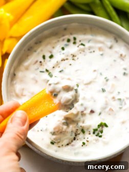 A top-down view of a bowl of creamy Greek yogurt onion dip, garnished with fresh chives, next to a variety of dippers.