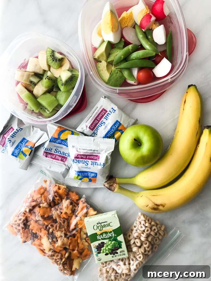 Peaceful Skies Toddler Packing Hacks 3 Toddler travel essentials: A colorful array of snacks and entertainment for a smooth flight.
