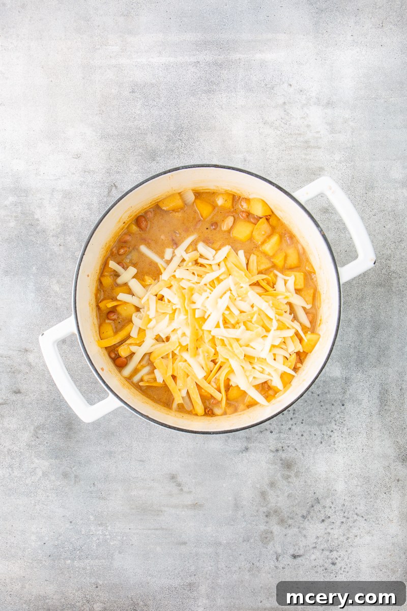 Sweet and Savory Chicken Apple Chili 9 A tantalizing view of the finished chicken chili with apples, generously topped with shredded cheese melting into the warm, creamy sauce.