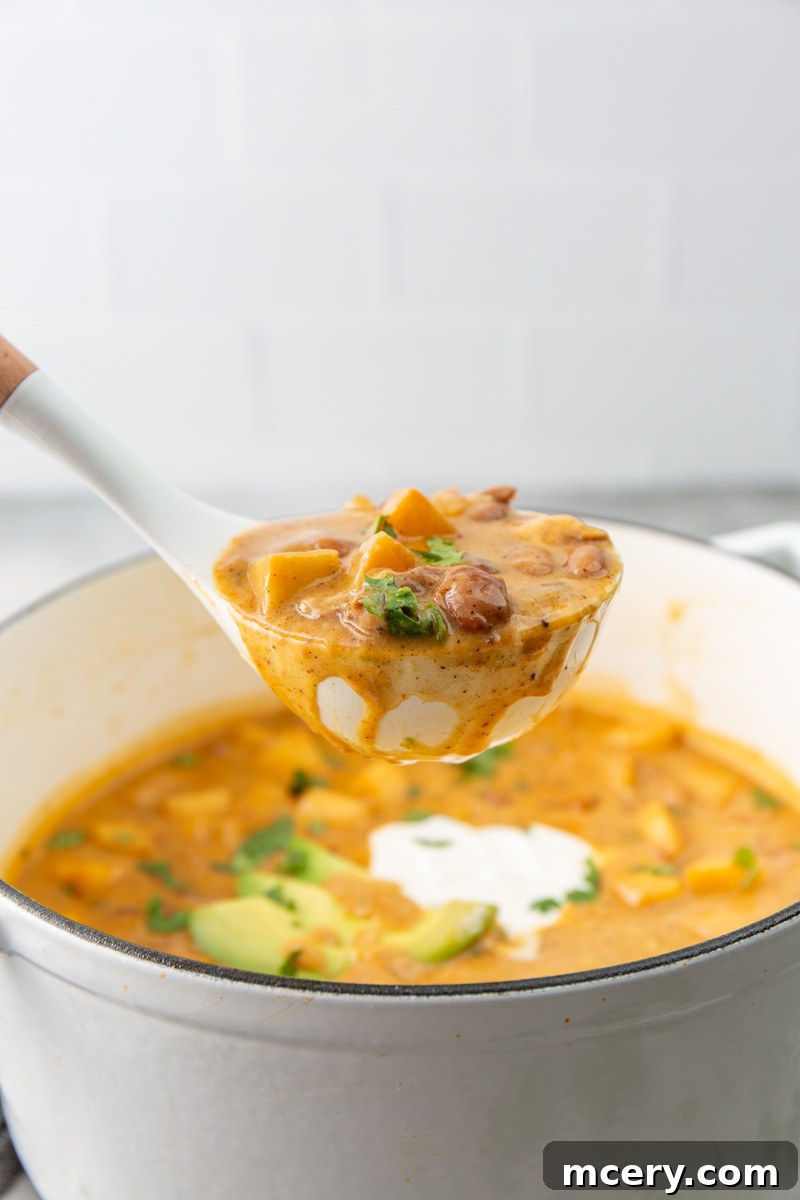 Sweet and Savory Chicken Apple Chili 10 A wooden ladle expertly serving a portion of rich and creamy Chicken Apple Chili, showcasing the tender chicken and apple chunks.