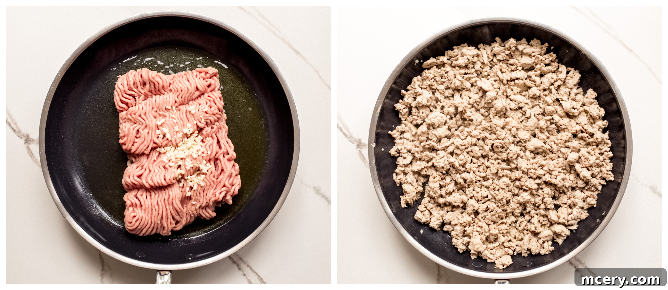Cooked ground turkey and garlic simmering in a skillet