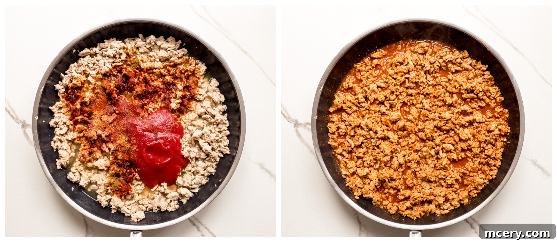 Turkey taco filling simmering in a skillet with spices, tomato sauce, and broth