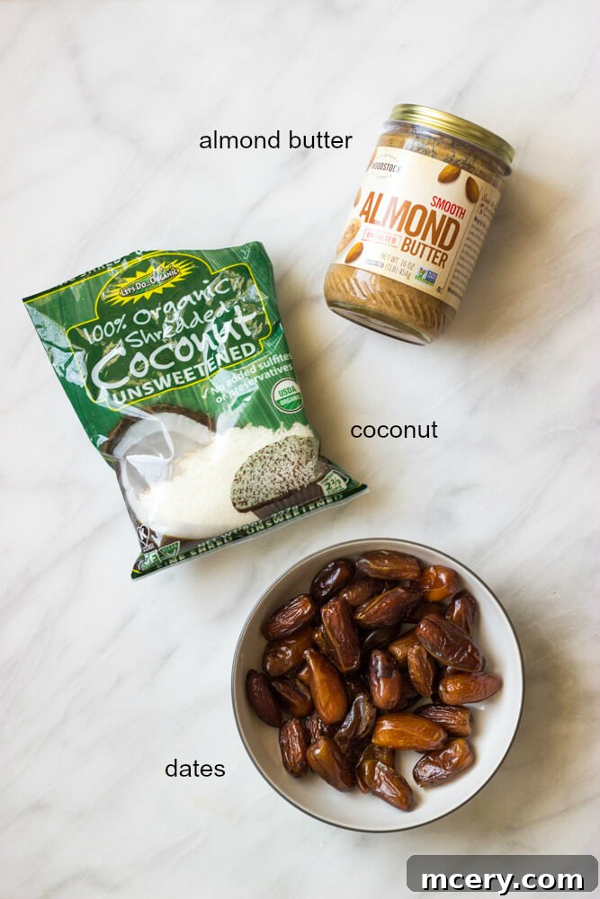 Date Coconut Truffles 4 ingredients for coconut date balls laid out on a table