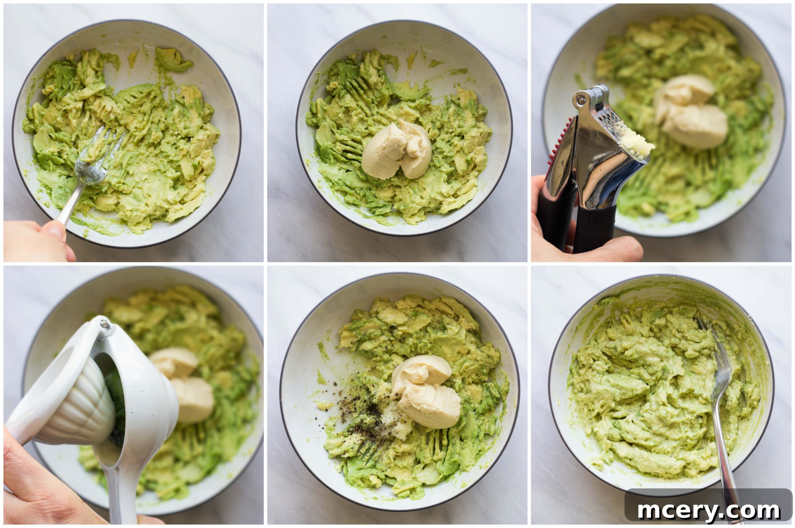 Step-by-step image of mashing avocado and mixing it with hummus, garlic, and lime juice
