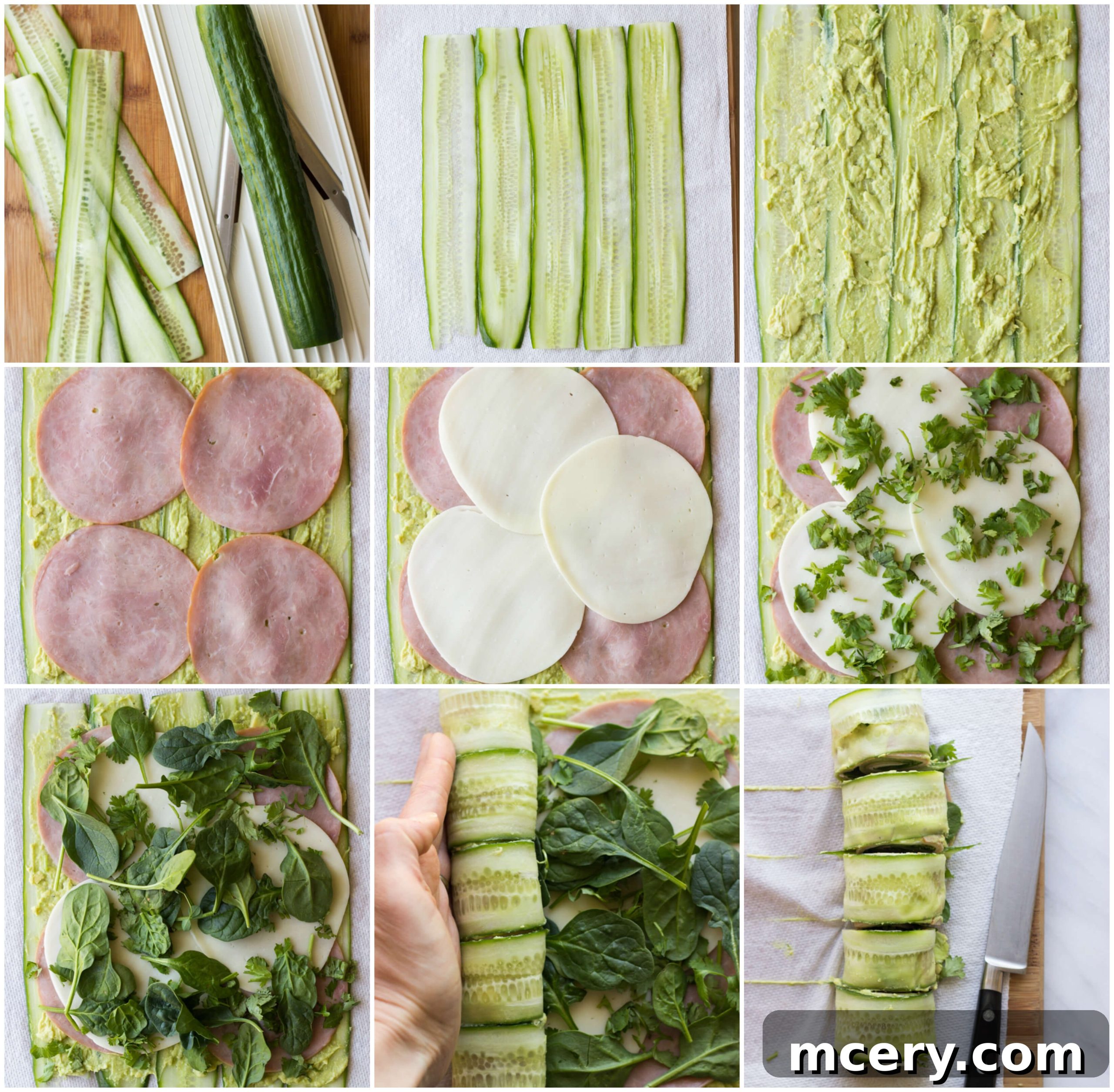Step-by-step image showing how to layer ham, cheese, cilantro, and spinach on a cucumber strip with avocado hummus and roll it up
